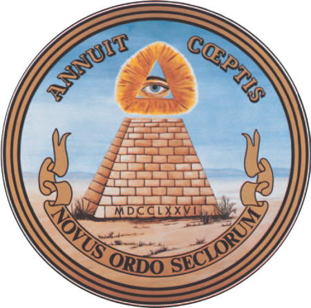 Illuminati 2 - La pirámide truncada con el ojo que todo lo ve y el lema -Novus Ordo Seclorum-, del Gran Sello de los Estados Unidos, considerada como un símbolo Illuminati
